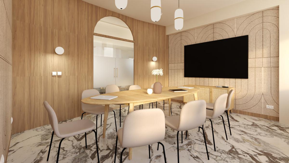 Salle de réunion d'une entreprise. Du marbre et des tons beige ont été associés afin de créer une ambiance élégante et douce.