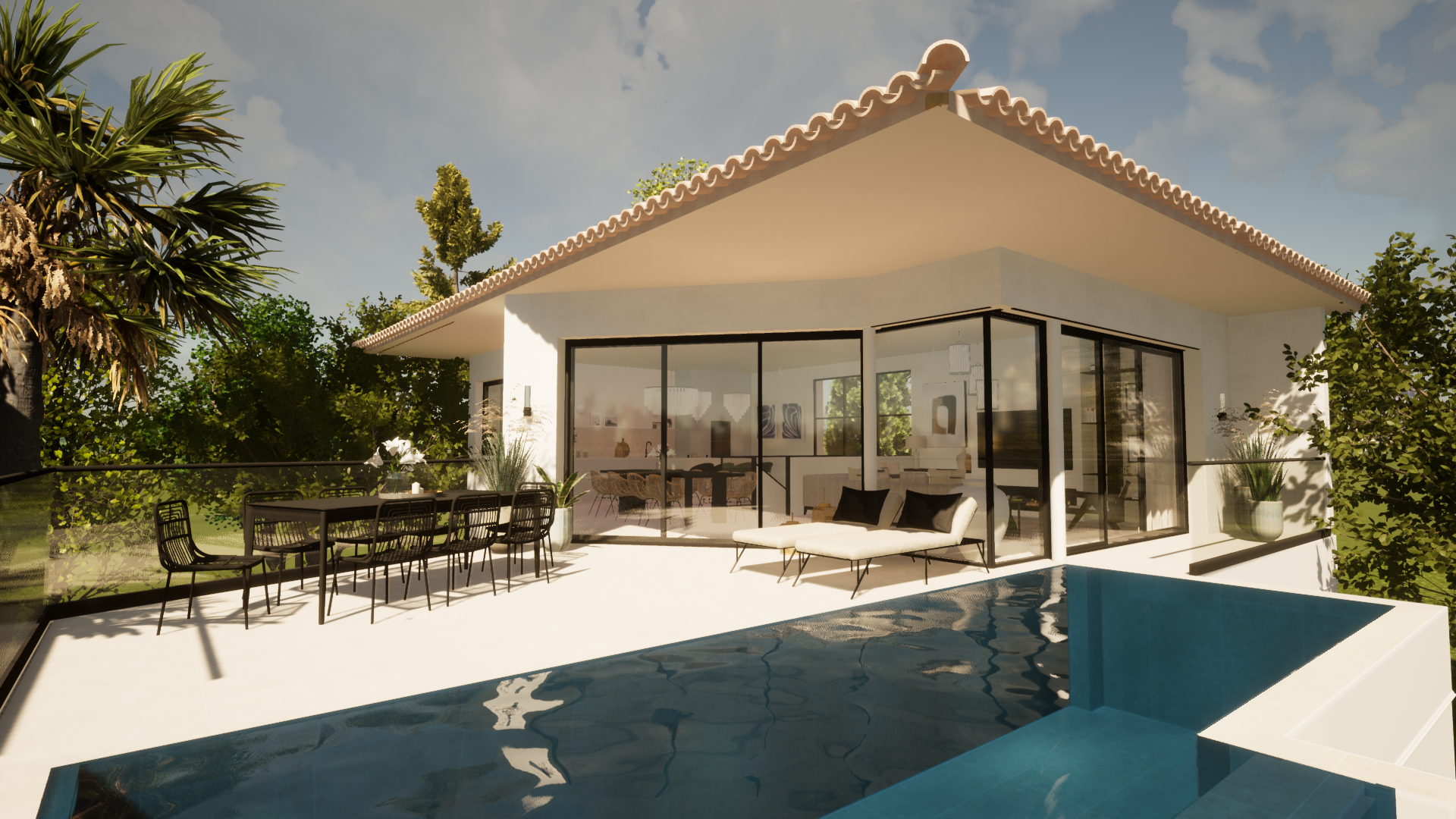 Belle maison d'architecte avec sa terrasse aménagée donnant sur une grande piscine à débordement.